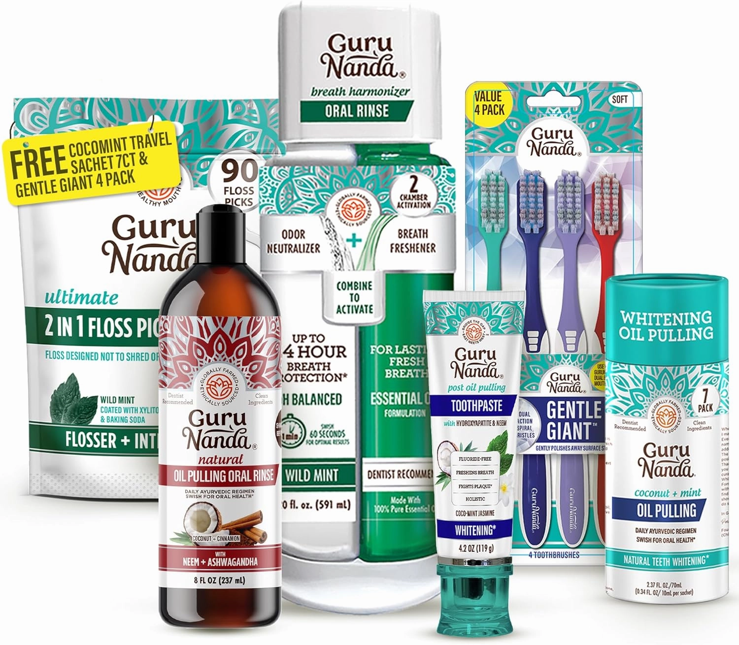 GuruNanda Gum Hygiene Makeover Kit with Ashwagandha & Cocomint (Travel Size) Oil Pulling, Neem Toothpaste, Breath Harmonizer Mouthwash, 2-in-1 Floss Picks & Whitening Toothbrushes