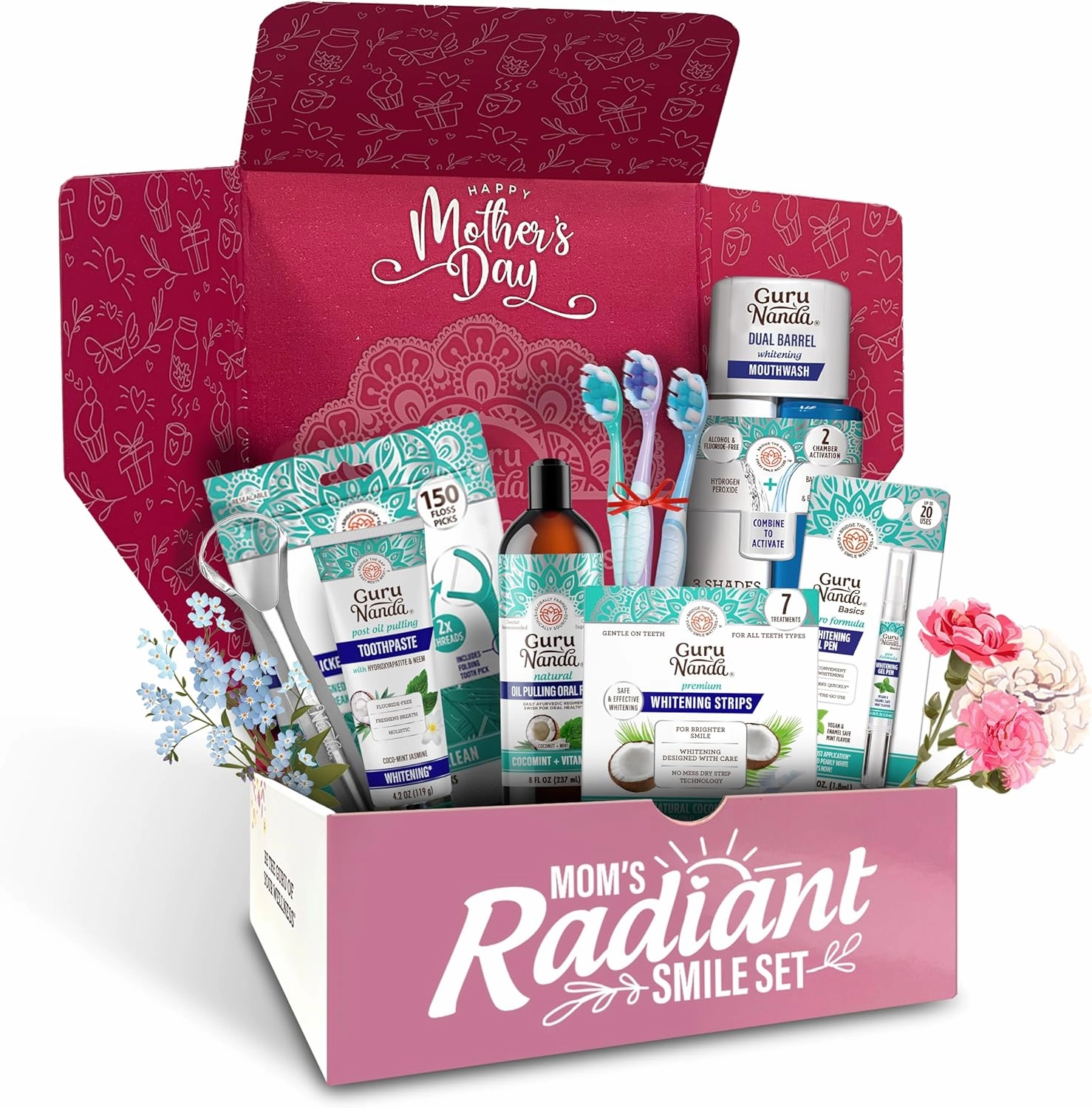 GuruNanda Mom's Radiant Smile Kit – Mother’s Day Gift with Oil Pulling, Toothbrush, Toothpaste, Floss Picks, Tongue Scraper, Mouthwash, Whitening Strips & Whitening Pen
