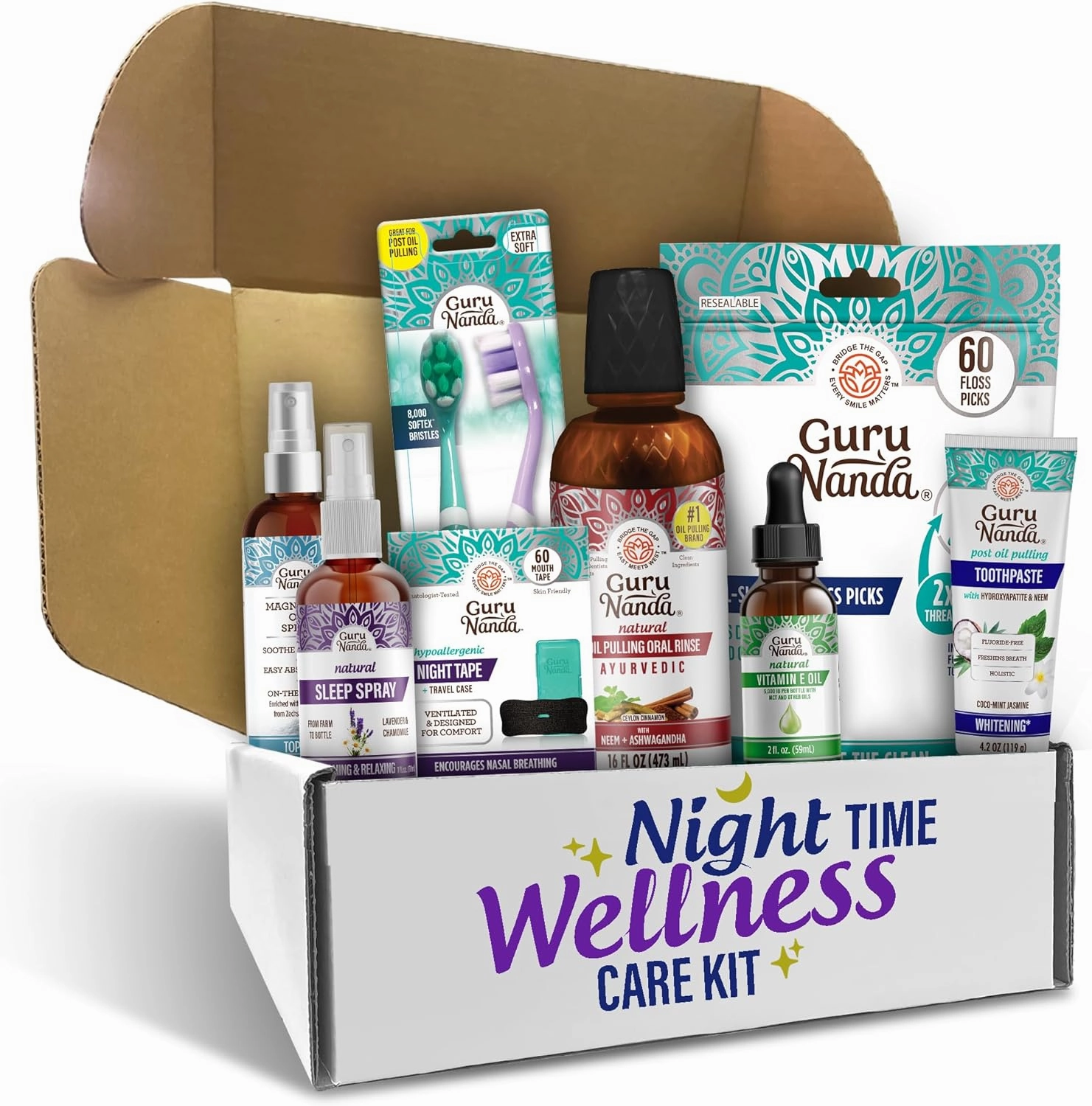 GuruNanda Nighttime Wellness Care Kit – Ashwagandha Oil Pulling, Hydroxyapatite Toothpaste, Magnesium Spray, Toothbrush, Floss Picks, Vitamin E Oil, & Sleep Spray