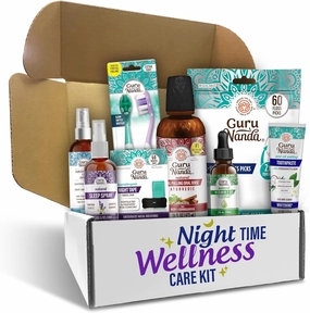 GuruNanda Nighttime Wellness Care Kit – Ashwagandha Oil Pulling, Hydroxyapatite Toothpaste, Magnesium Spray, Toothbrush, Floss Picks, Vitamin E Oil, & Sleep Spray