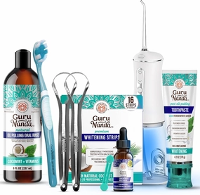 GuruNanda Oral Care Bundle – Hydroxyapatite Toothpaste, CocoMint Oil Pulling, Advanced Water Flosser, Concentrated Mouthwash & 16-Day Whitening Strips for a Happier Smile