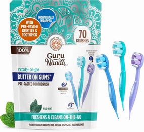 GuruNanda Ready-to-Go Disposable Mini Travel Toothbrushes - Butter on Gums Softex Bristles, Pre-Pasted Toothbrush & Toothpick - Fluoride-Free, No Rinsing Needed, 70 Ct