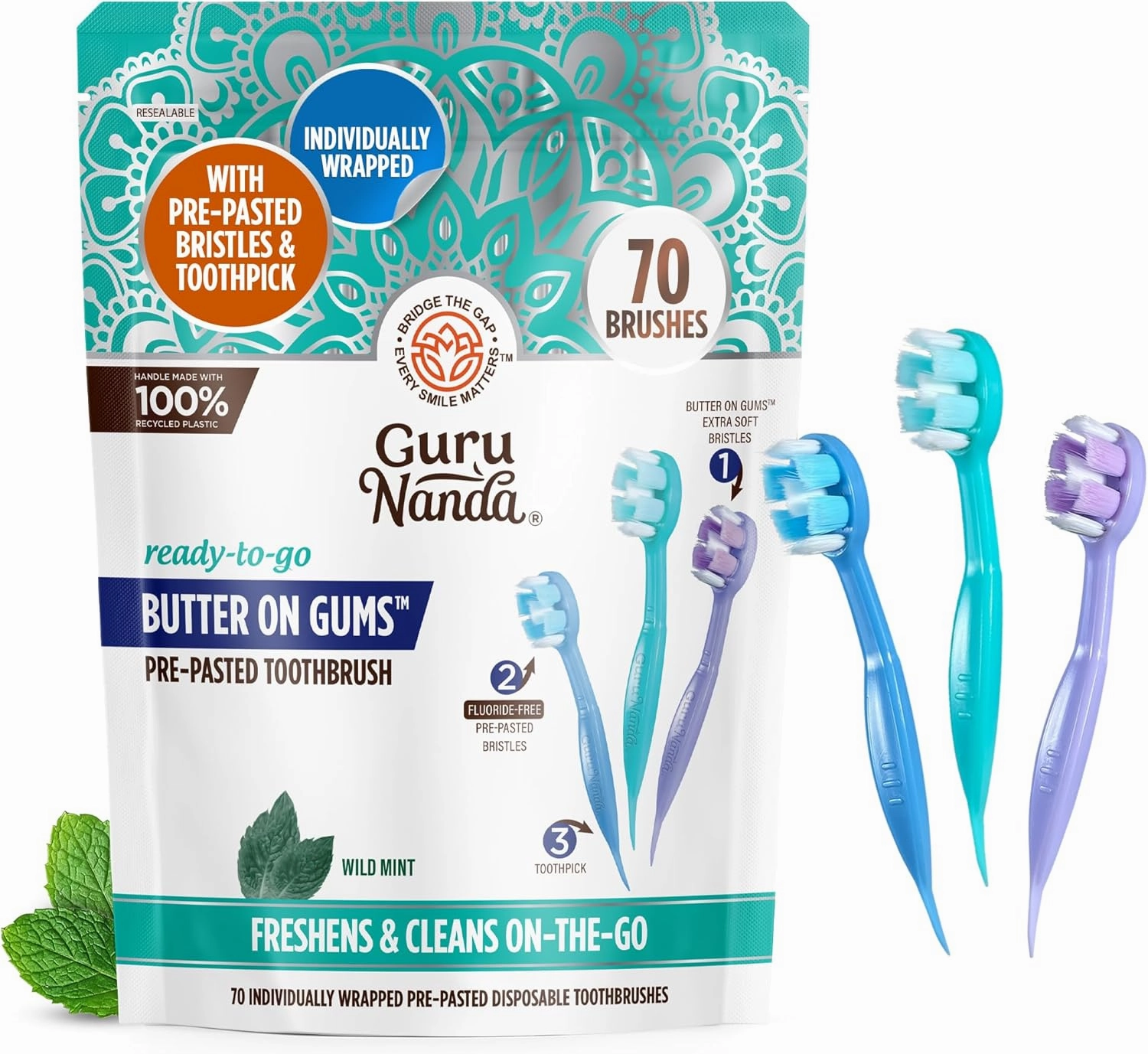 GuruNanda Ready-to-Go Disposable Mini Travel Toothbrushes - Butter on Gums Softex Bristles, Pre-Pasted Toothbrush & Toothpick - Fluoride-Free, No Rinsing Needed, 70 Ct