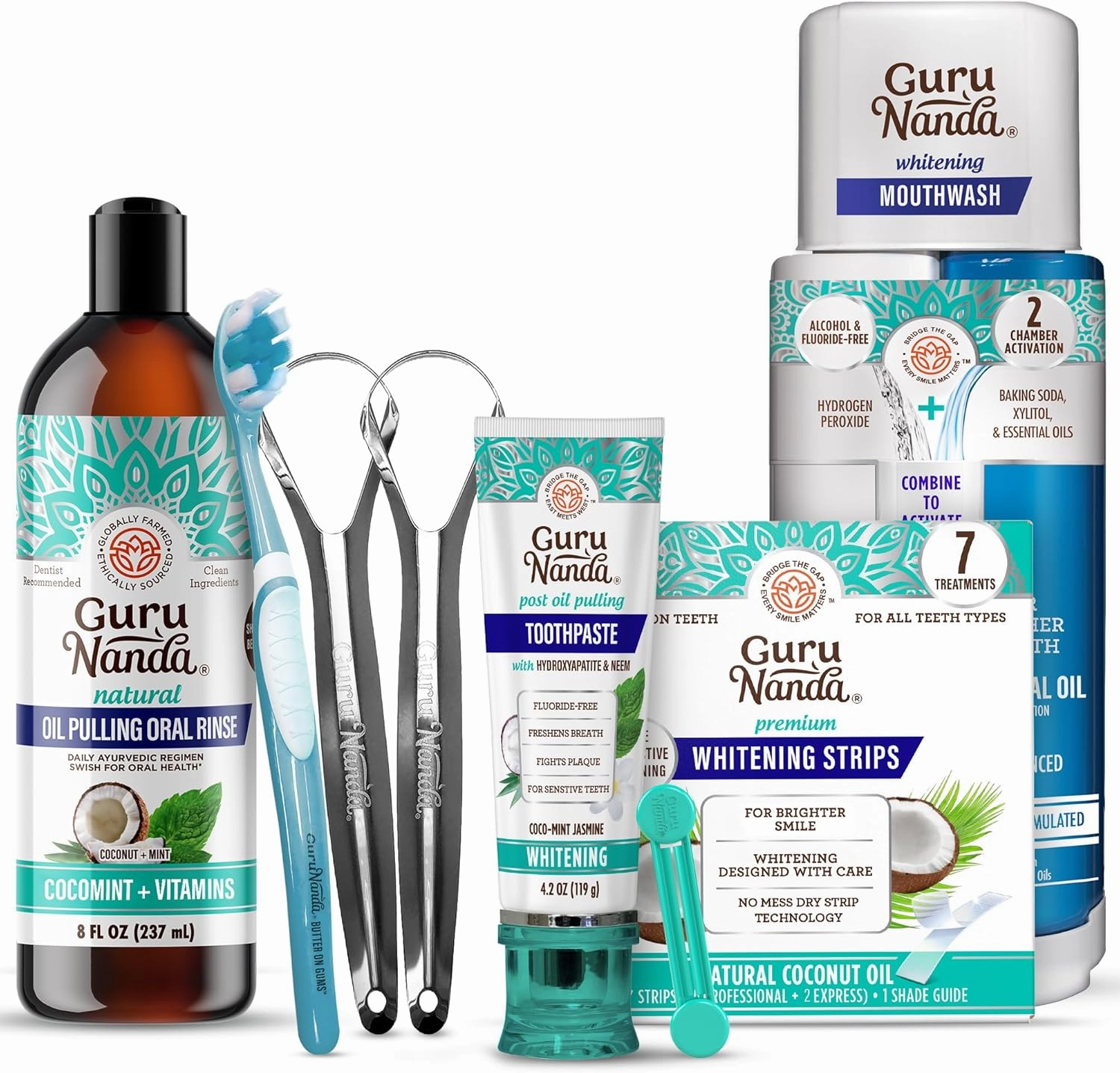 GuruNanda Ultimate Oral Care Bundle – Hydroxyapatite Toothpaste, CocoMint Oil Pulling, Oxyburst Whitening Mouthwash & 7-Day Whitening Strips