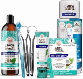 GuruNanda Ultimate Oral Care Bundle – Hydroxyapatite Toothpaste, CocoMint Oil Pulling, Oxyburst Whitening Mouthwash & 7-Day Whitening Strips
