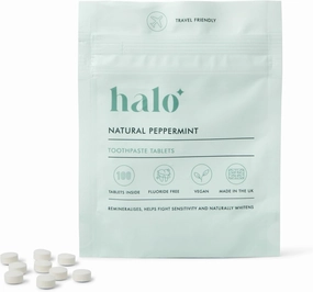 Halo 100 Chewable Toothpaste Tablets with Hydroxyapatite - Fluoride Free, Non Toxic, Remineralizing - Natural Peppermint Eco Friendly Tabs Whitens, Removes Plaque & Fights Sensitive Teeth