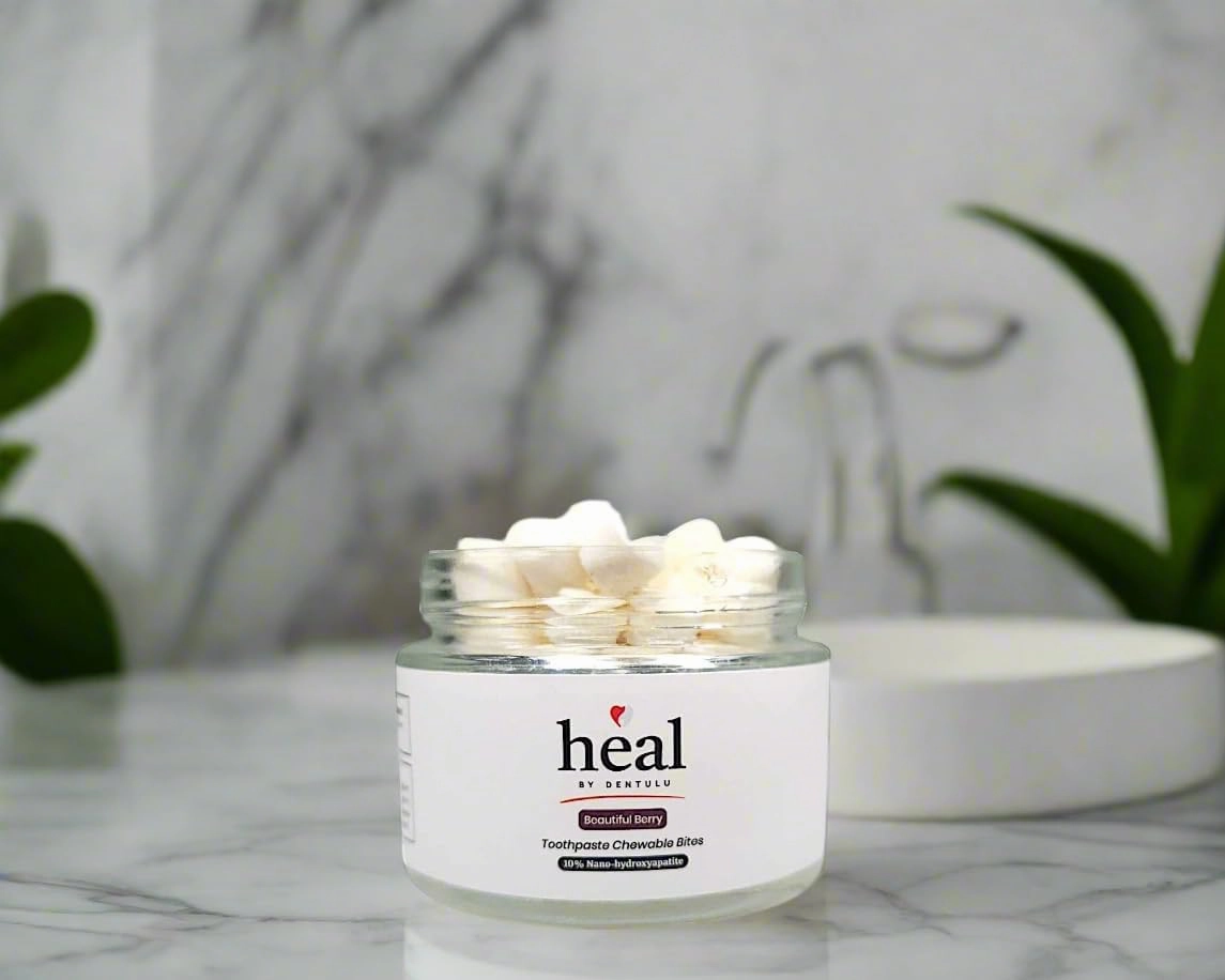 Heal- Toothpaste Chewable Bites with 10% Nano-Hydroxyapatite Fluoride Free- Compact (Beautiful Berry)