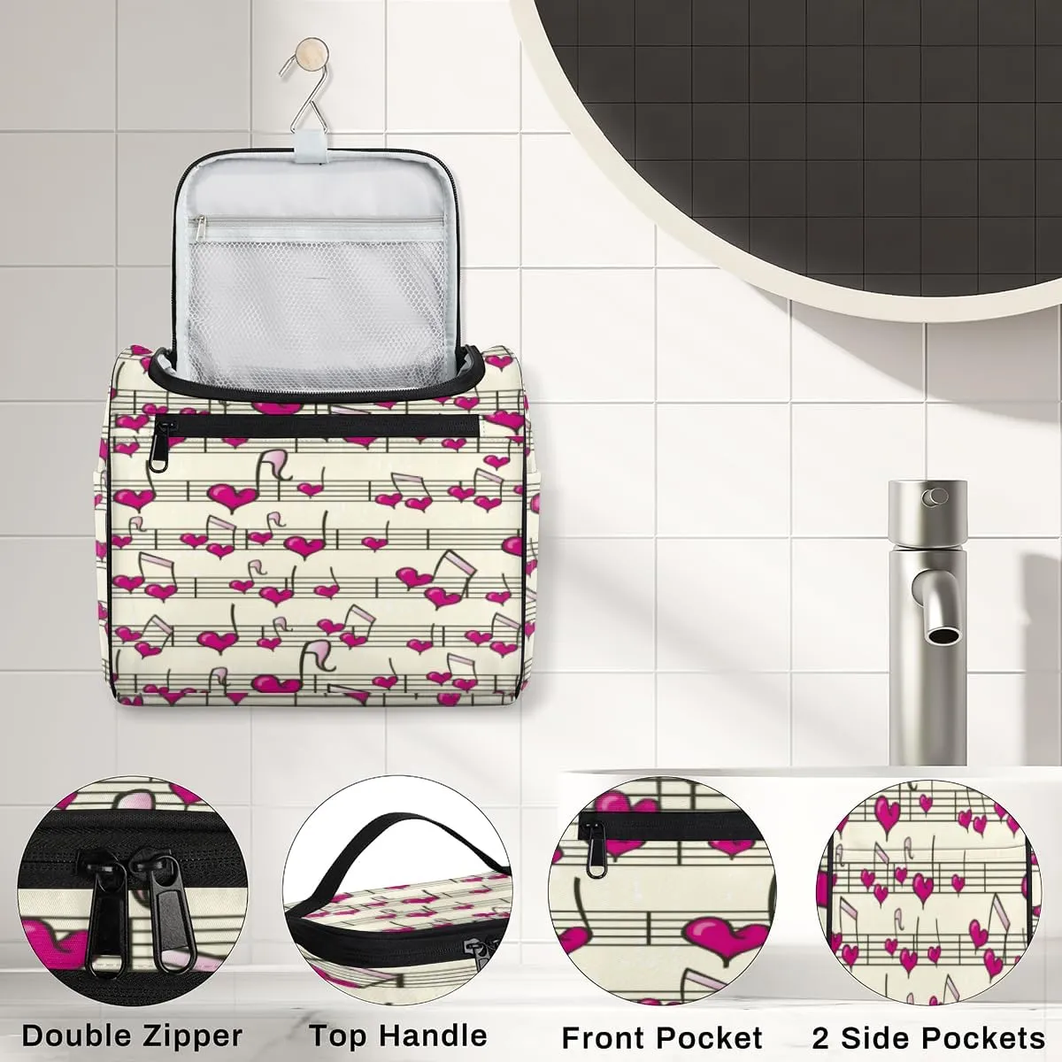 Heart Music Notes Hanging Toiletry Bag for Men Women Travel Cosmetic Makeup Organizer Bag Water Resistant Large Portable Wash Case for Accessories, Toiletries, Cosmetics
