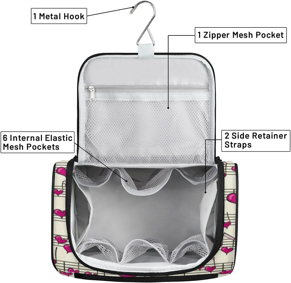 Heart Music Notes Hanging Toiletry Bag for Men Women Travel Cosmetic Makeup Organizer Bag Water Resistant Large Portable Wash Case for Accessories, Toiletries, Cosmetics