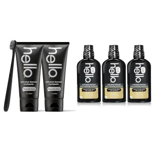 Hello Activated Charcoal Epic Teeth Whitening Fluoride Free Toothpaste and Toothbrush & Activated Charcoal Extra Freshening Mouthwash, Natural Fresh Mint and Coconut Oil
