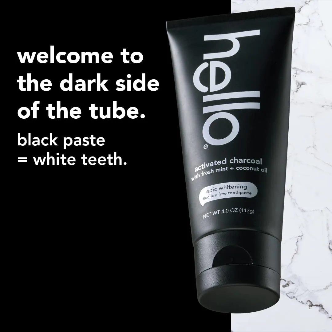 Hello Activated Charcoal Epic Teeth Whitening Fluoride Free Toothpaste and Toothbrush & Activated Charcoal Extra Freshening Mouthwash, Natural Fresh Mint and Coconut Oil