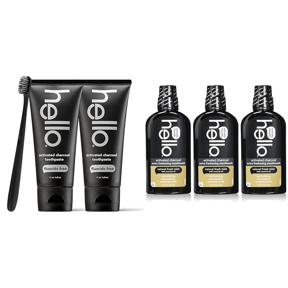 Hello Activated Charcoal Epic Teeth Whitening Fluoride Free Toothpaste and Toothbrush & Activated Charcoal Extra Freshening Mouthwash, Natural Fresh Mint and Coconut Oil