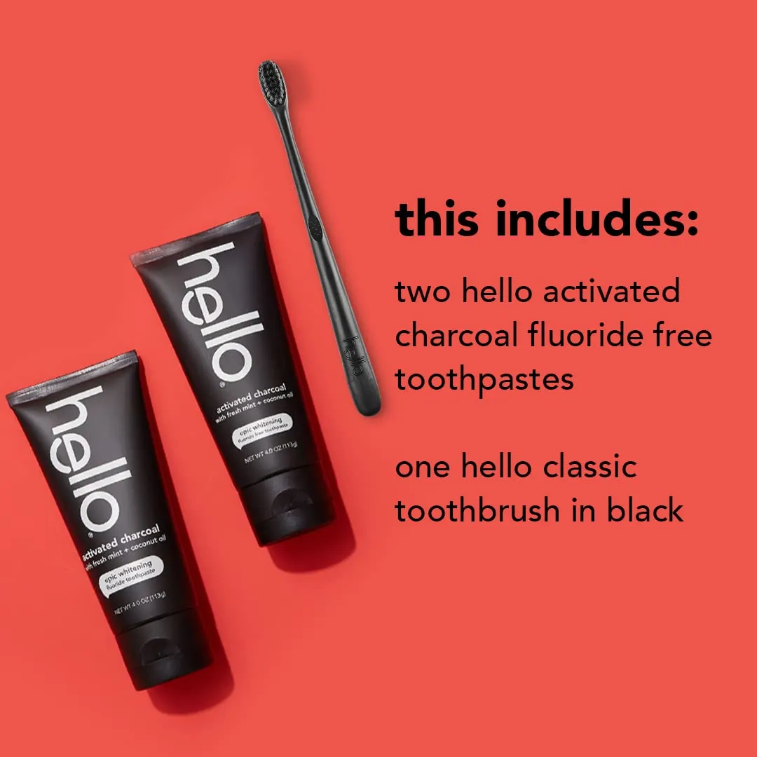 Hello Activated Charcoal Epic Teeth Whitening Fluoride Free Toothpaste and Toothbrush & Activated Charcoal Extra Freshening Mouthwash, Natural Fresh Mint and Coconut Oil
