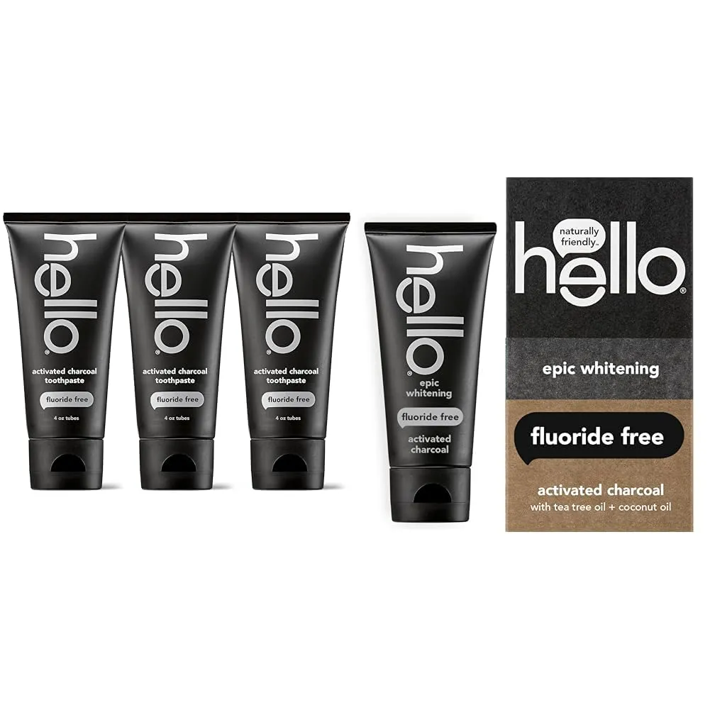 Hello Activated Charcoal Toothpaste 3 Pack, Fluoride Free Whitening Toothpaste with Charcoal, Mint and Coconut Oil