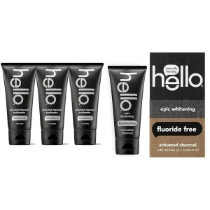Hello Activated Charcoal Toothpaste 3 Pack, Fluoride Free Whitening Toothpaste with Charcoal, Mint and Coconut Oil