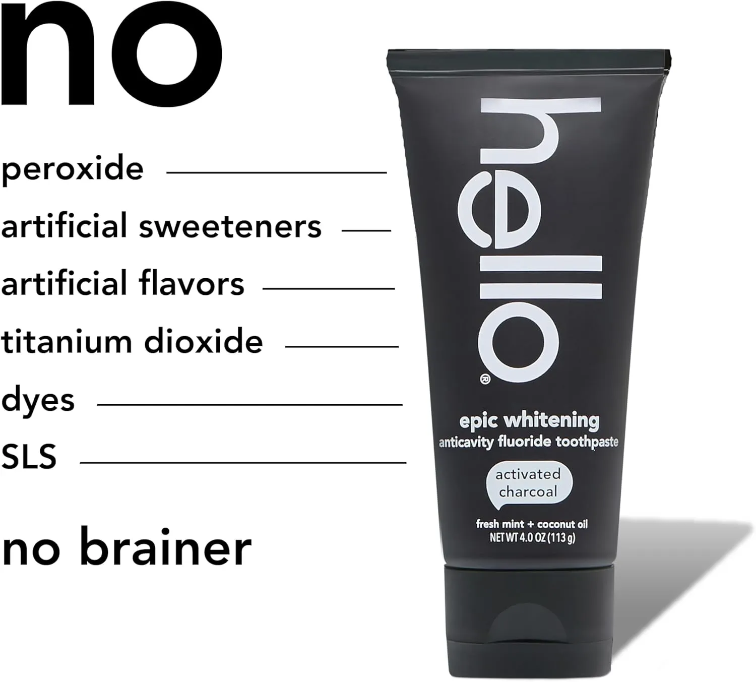 Hello Activated Charcoal Toothpaste, Fluoride Toothpaste with Activated Charcoal, Teeth Whitening Toothpaste with Fresh Mint and Coconut Oil, No SLS, Vegan, Gluten Free, 3 Pack, 4 OZ Tubes