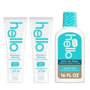 Hello Antiplaque and Whitening Fluoride Free Toothpaste and Naturally Healthy Antigingivitis Mouthwash, Alcohol Free, Vegan, SLS Free and Gluten Free, 4.7 Ounce Tubes, 16 Ounce Bottle