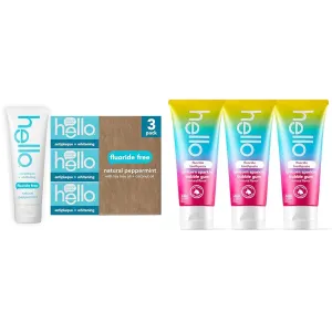 Hello Antiplaque Toothpaste, Fluoride Free, 3 Pack, 4.7 OZ Tubes   Hello Unicorn Sparkle Kids Toothpaste, Fluoride, Pack of 3, 4.2 oz Tubes
