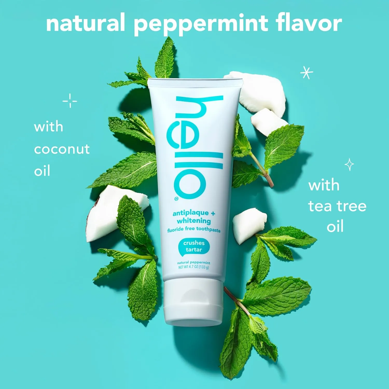 Hello Antiplaque Toothpaste, Fluoride Free for Teeth Whitening with Natural Peppermint Flavor and Tea Tree Oil, Peroxide Free, Gluten Free, SLS Free, 3 Pack, 4.7 OZ Tubes