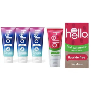 hello Dragon Dazzle Blue Raspberry Kids Toothpaste & Kids Natural Watermelon Fluoride Free Toothpaste, Vegan & SLS Free