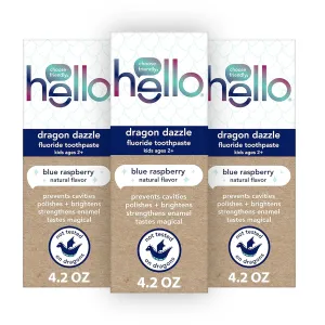 hello Dragon Dazzle Blue Raspberry Kids Toothpaste, Fluoride Toothpaste, Ages 2 , No Artificial Sweeteners, No SLS, Gluten Free, Vegan, Pack of 3, 4.2 OZ Tubes