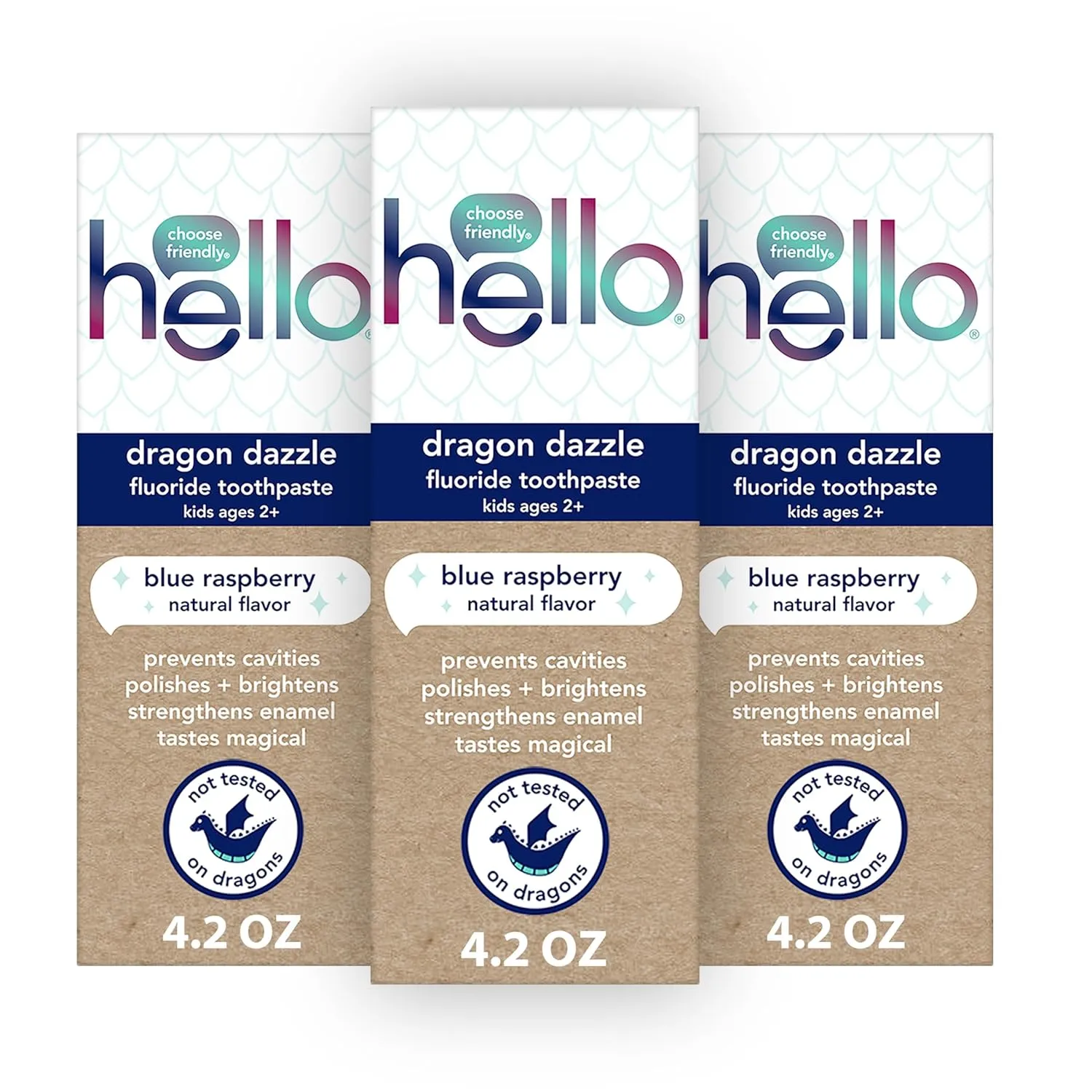 hello Dragon Dazzle Blue Raspberry Kids Toothpaste, Fluoride Toothpaste, Ages 2 , No Artificial Sweeteners, No SLS, Gluten Free, Vegan, Pack of 3, 4.2 OZ Tubes