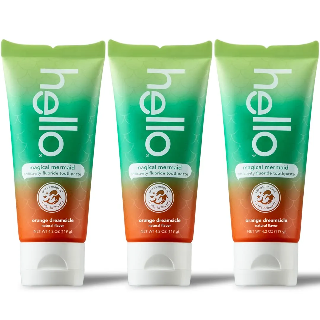 hello Magical Mermaid Kids Toothpaste with Fluoride, Orange Dreamsicle Flavor Toothpaste for Kids, Safe for Ages 2 and Up, Helps Prevent Cavities, Strengthen Enamel, Polish Teeth, 3 Pack, 4.2 Oz Each