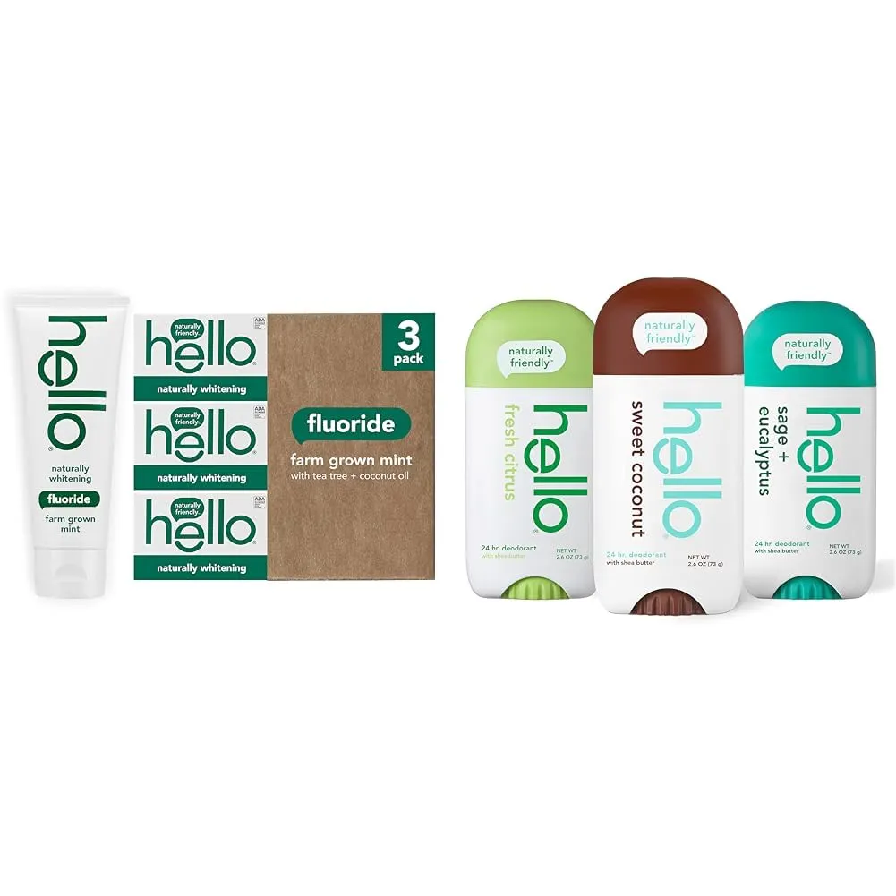 Hello Naturally Whitening Fluoride Toothpaste, Natural Peppermint Flavor and Tea Tree Oil & Deodorant Variety Pack (Sweet Coconut, Fresh Citrus, White Sage) for Women   Men