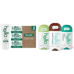 Hello Naturally Whitening Fluoride Toothpaste, Natural Peppermint Flavor and Tea Tree Oil & Deodorant Variety Pack (Sweet Coconut, Fresh Citrus, White Sage) for Women   Men
