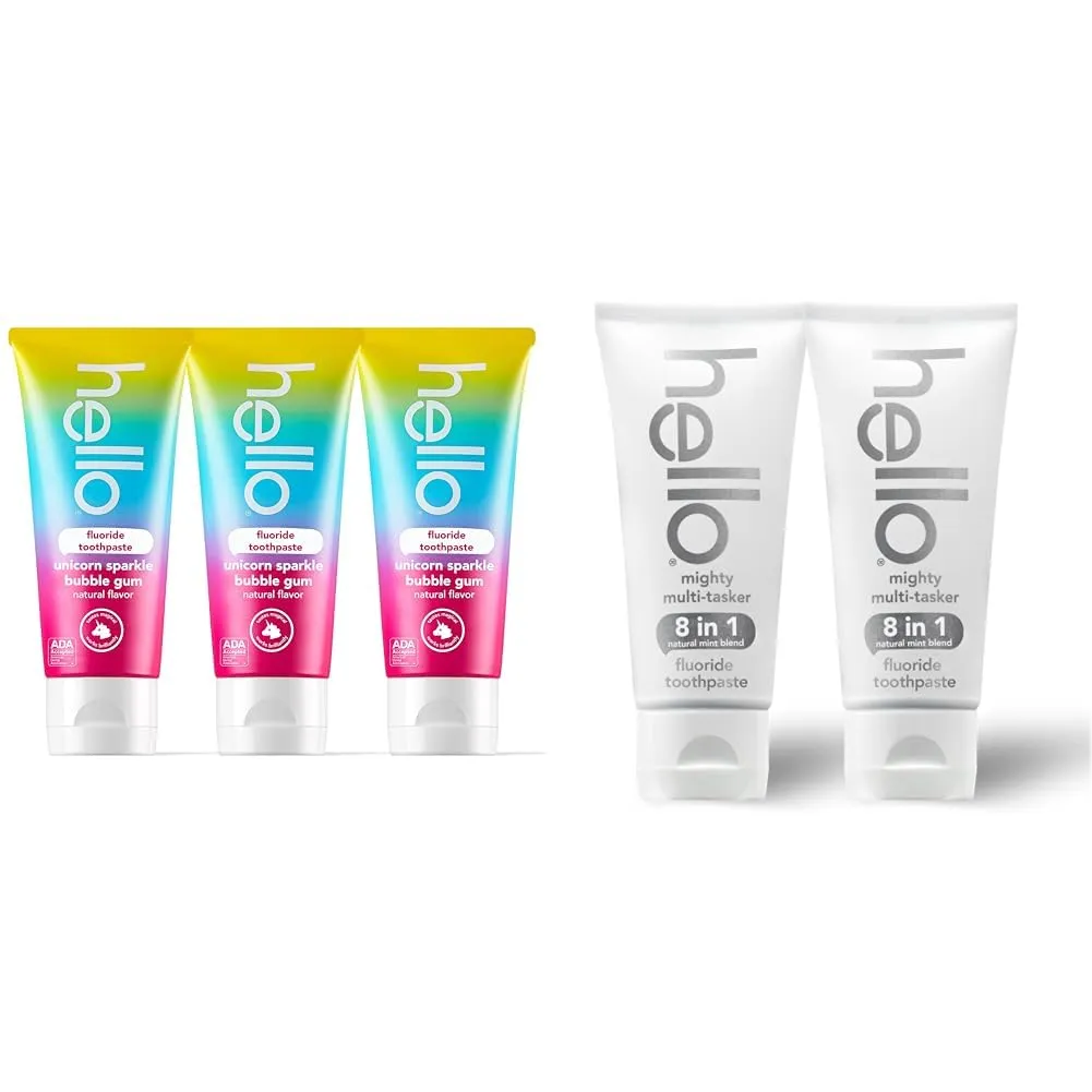 hello Unicorn Sparkle Kids Fluoride Toothpaste, Natural Bubble Gum Flavor, ADA Approved, Ages 2  & Mighty Multitasker Fluoride Toothpaste, 8-in-1 Toothpaste with Minty Flavor, Anticavity