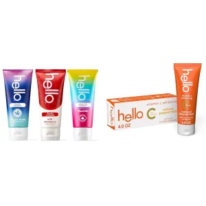 hello Variety (Unicorn, Strawberry, Dragon) Kids Toothpaste Bundle with hello Vitamin C Whitening Adult Toothpaste, Fluoride, 4.2 and 4 Ounce