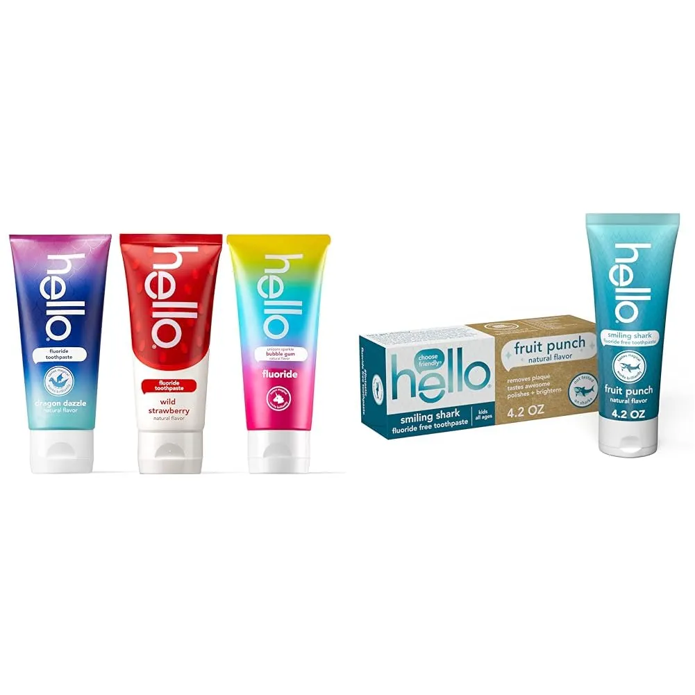 hello Variety (Unicorn, Strawberry, Dragon) Kids Toothpaste Bundle with Smiling Shark Fluoride Free Fruit Punch Toothpaste, 4.2 Ounce