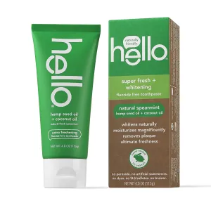Hello Vegan Fluoride Free Toothpaste, Super Fresh Spearmint, Naturally Whitening Toothpaste, Hemp Seed Oil   Coconut Oil, Helps Remove Plaque, No SLS/Sulfates, 4 Ounce