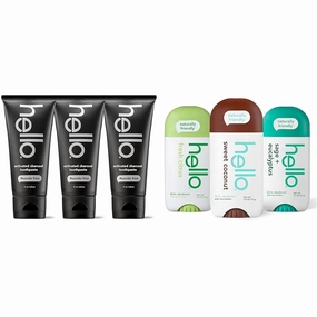 Hello Activated Charcoal Toothpaste 3 Pack and Hello Deodorant Variety Pack with Sweet Coconut, Fresh Citrus, White Sage Eucalyptus, 3 Pack