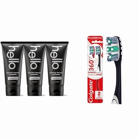 Hello Activated Charcoal Toothpaste, Fluoride Free with Activated Charcoal & Colgate 360 Optic White Advanced Toothbrush, Medium Toothbrush for Adults,2 Count (Pack of 1)