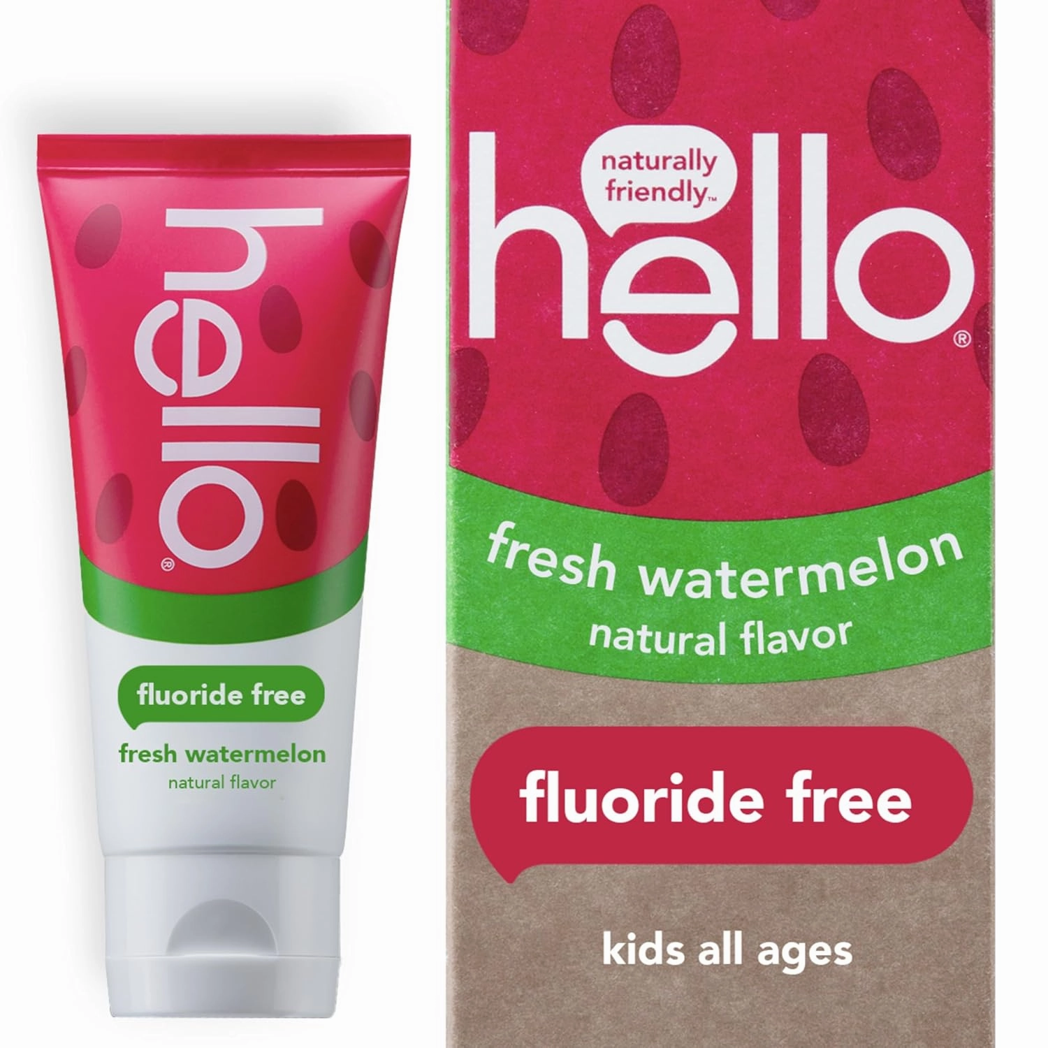 Hello Antiplaque Toothpaste, Fluoride Free for Teeth Whitening with Natural Peppermint Flavor & Kids Natural Watermelon Fluoride Free Toothpaste, Vegan & SLS Free