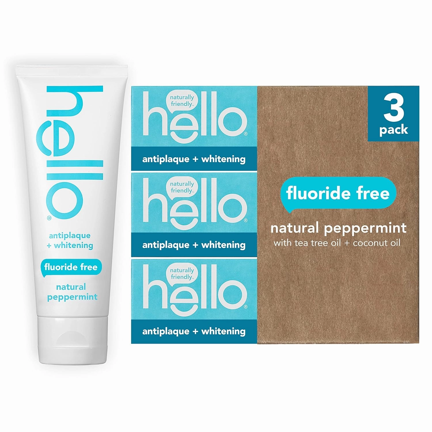 Hello Antiplaque Toothpaste, Fluoride Free for Teeth Whitening with Natural Peppermint Flavor & Kids Natural Watermelon Fluoride Free Toothpaste, Vegan & SLS Free