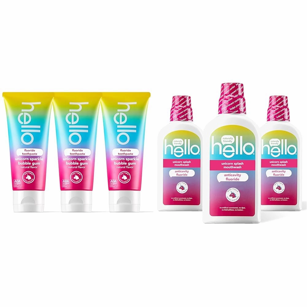 hello Unicorn Sparkle Kids Fluoride Toothpaste, Natural Bubble Gum Flavor & Kids Mouthwash with Unicorn Bubble Gum Flavor, Alcohol Free Mouthwash