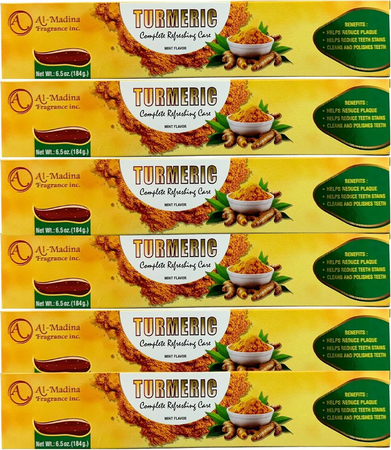 Herbal and Turmeric Toothpaste with Saffron, Tea Tree, Aloe Vera and Ginger - Paraben Free & Refreshing Oral Care for Sensitive Teeth - Halal - Pack of 6