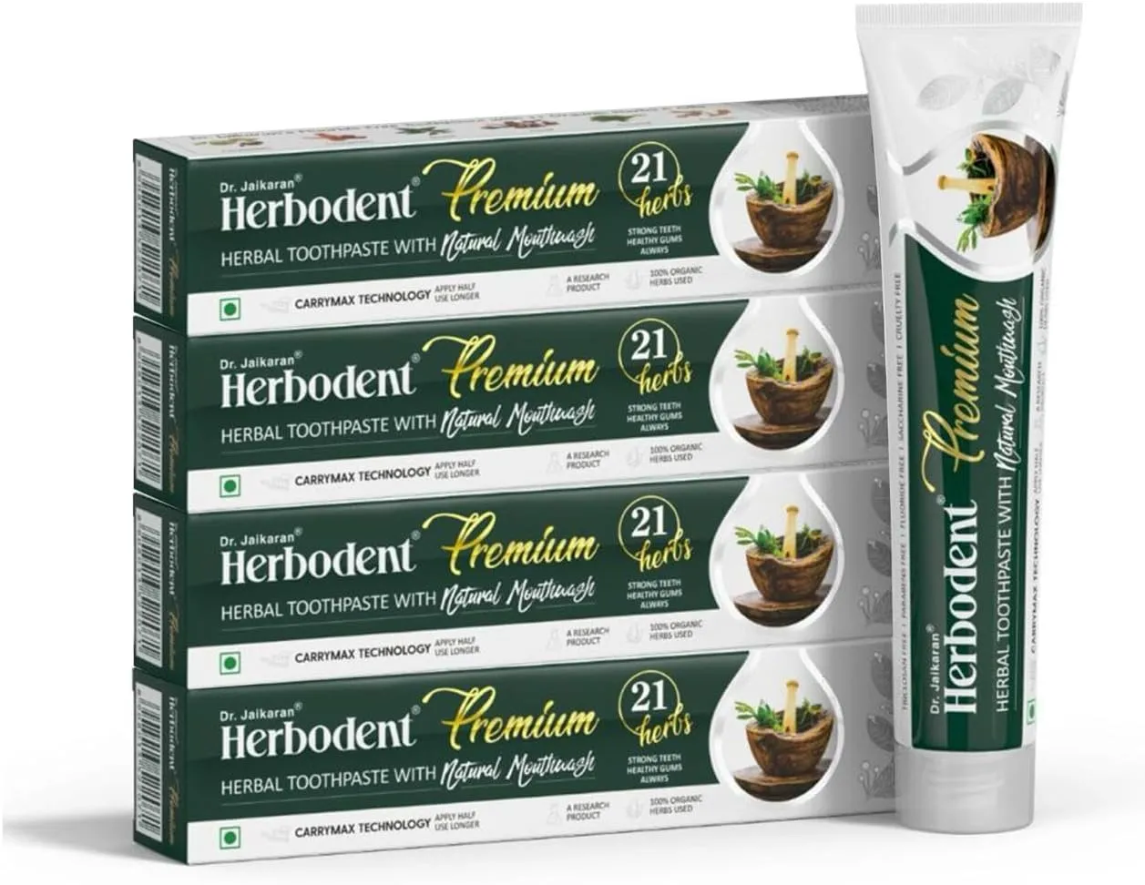 Herbodent® Premium Toothpaste - 21 Herbs for Strong Teeth & Healthy Gums - Neem, Clove, Cinnamon, Cardamom with Natural Mouthwash - No Paraben, No Fluoride, No Saccharin, No Triclosan (4, 3.53 Ounce)