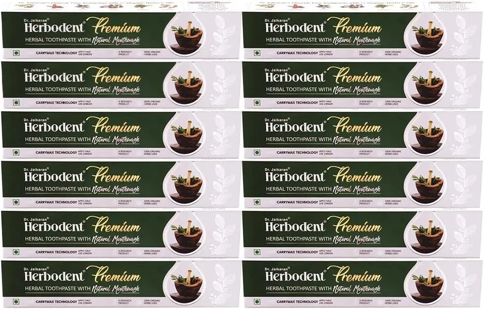 Herbodent® Premium Toothpaste - 3.53 oz Pack of 12 | A Unique Blend of 21 Herbs Like Neem, Clove, Cinnamon, Cardamom with Natural Mouthwash - No Paraben, No Fluoride, No Saccharin, No Triclosan