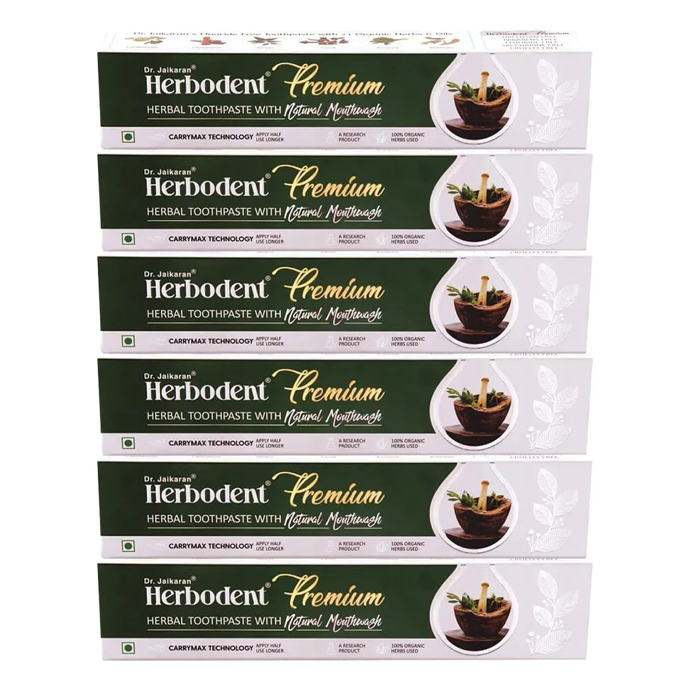 Herbodent® Premium Toothpaste - 3.53 oz Pack of 6 | A Unique Blend of 21 Herbs Like Neem, Clove, Cinnamon, Cardamom with Natural Mouthwash - No Paraben, No Fluoride, No Saccharin, No Triclosan