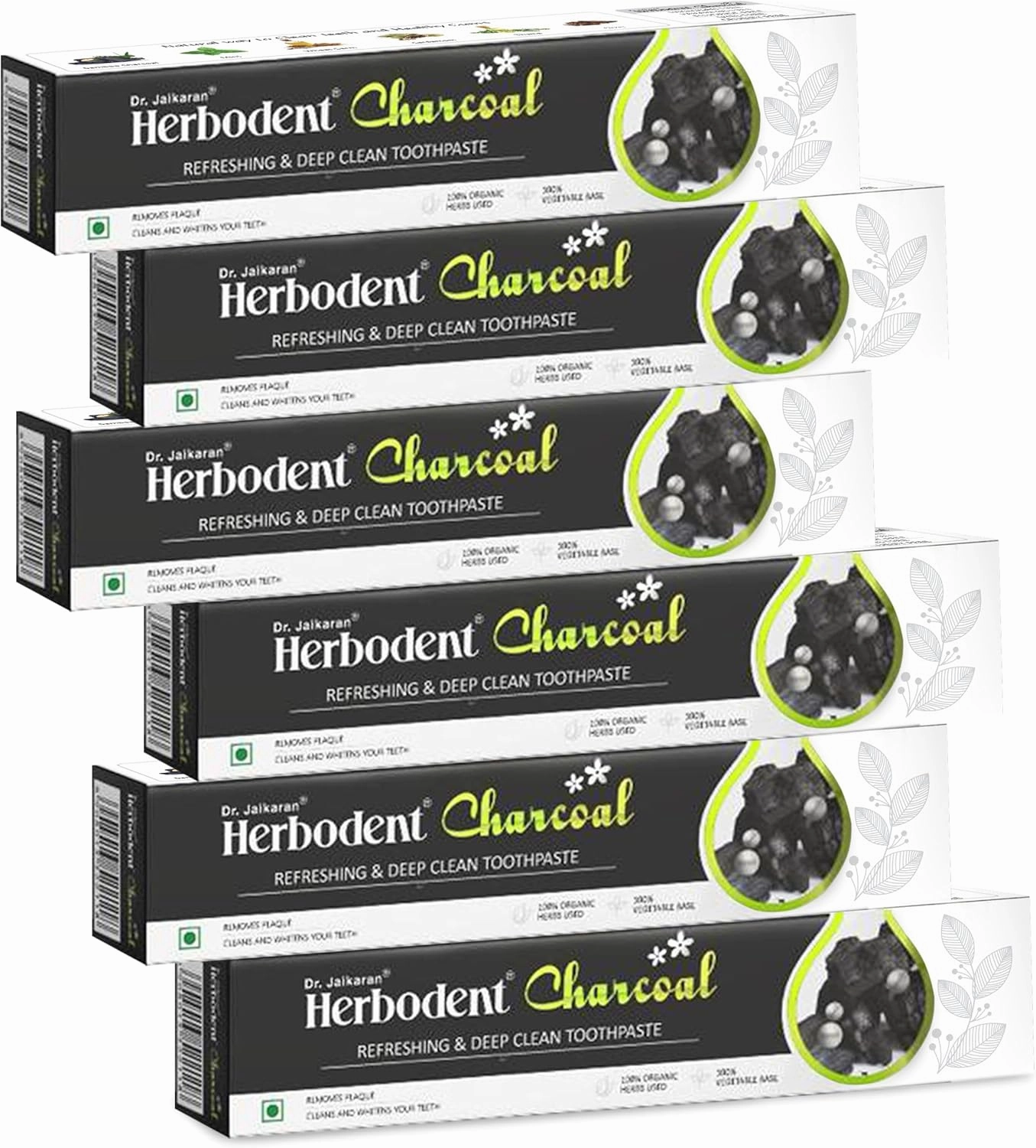 Herbodent® Charcoal Toothpaste - 6.53 Oz Pack of 6 | Whitens Teeth & Fresh Breath | No Bleach, No Fluoride | Activated Bamboo Charcoal & Organic Herbs -Wheat Germ Oil, Thyme Oil, Clove Oil
