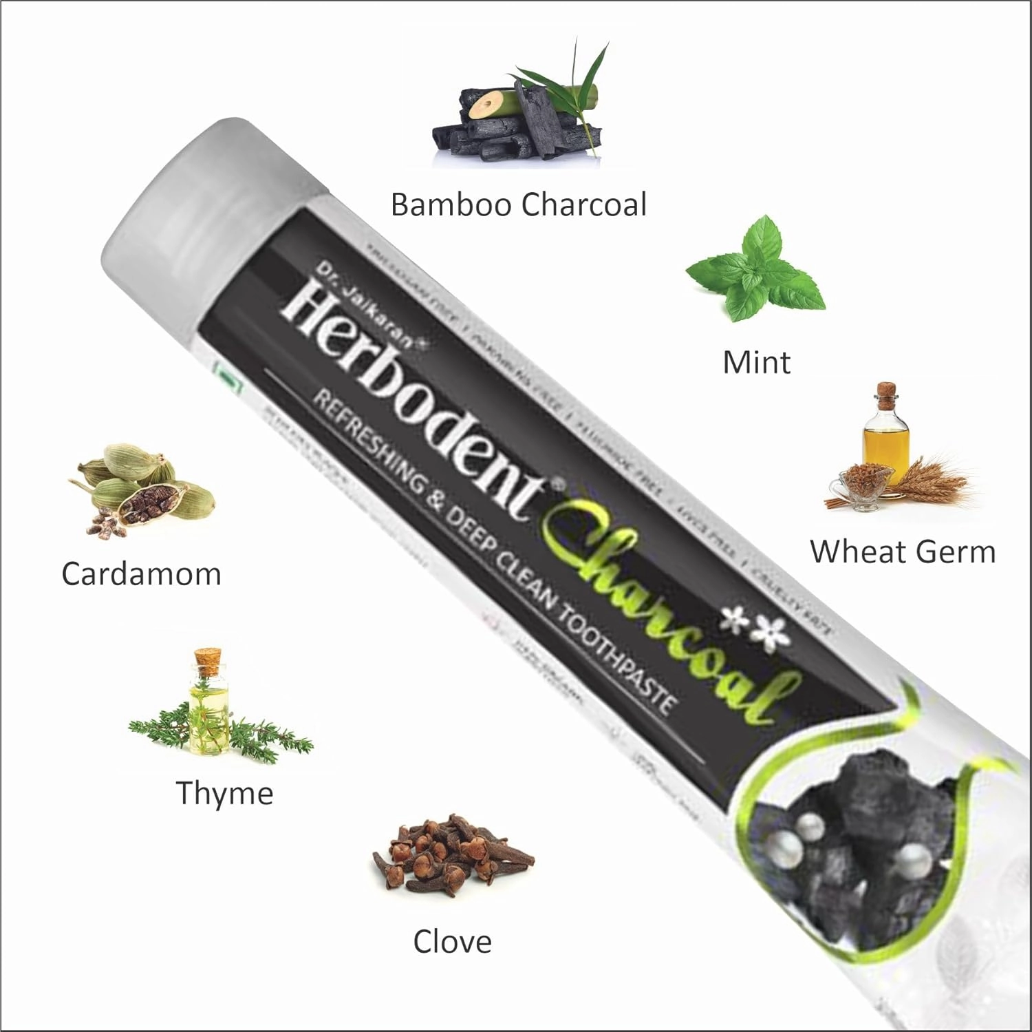 Herbodent® Charcoal Toothpaste - 6.53 Oz Pack of 6 | Whitens Teeth & Fresh Breath | No Bleach, No Fluoride | Activated Bamboo Charcoal & Organic Herbs -Wheat Germ Oil, Thyme Oil, Clove Oil
