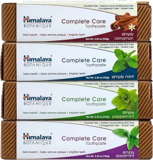 Himalaya Botanique Complete Care Toothpaste, Variety Pack - Fluoride Free Toothpaste for Clean Teeth & Fresh Breath - Vegan, Gluten Free, No Artificial Flavors, 5.29 oz (Pack of 4)