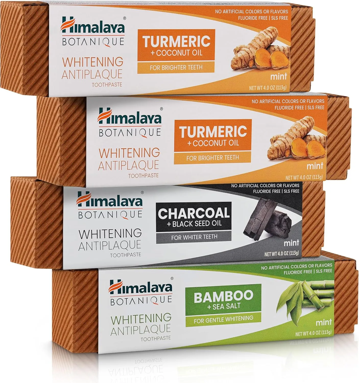 Himalaya Botanique Whitening Antiplaque Toothpaste Variety Pack, Herbal, Freshens Breath, No Artificial Flavors, SLS Free, Cruelty Free, Foaming, 5.29 oz, 4 Pack