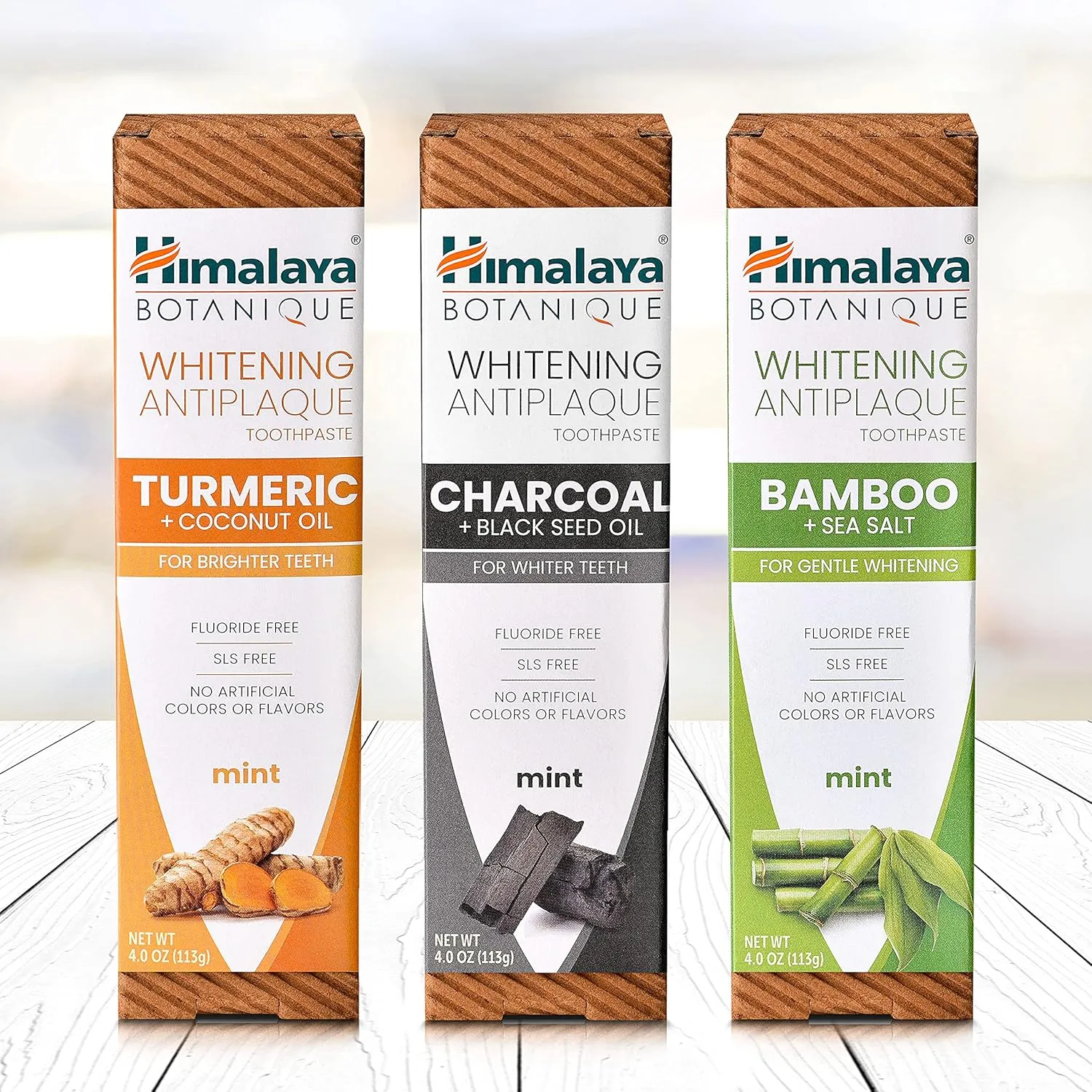 Himalaya Botanique Whitening Antiplaque Toothpaste with Bamboo   Sea Salt, Fluoride Free, for Gentle Whitening, 4 oz, 4 Pack…