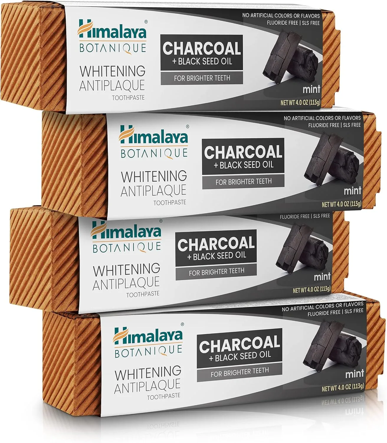 Himalaya Botanique Whitening Antiplaque Toothpaste with Charcoal   Black Seed Oil, Fluoride Free, for Whiter Teeth, 4 oz, 4 Pack