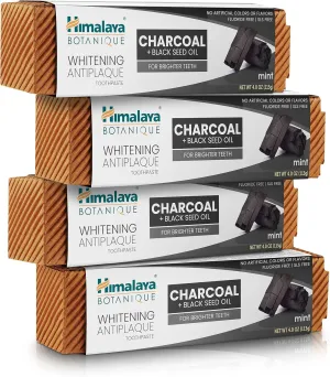 Himalaya Botanique Whitening Antiplaque Toothpaste with Charcoal   Black Seed Oil, Fluoride Free, for Whiter Teeth, 4 oz, 4 Pack