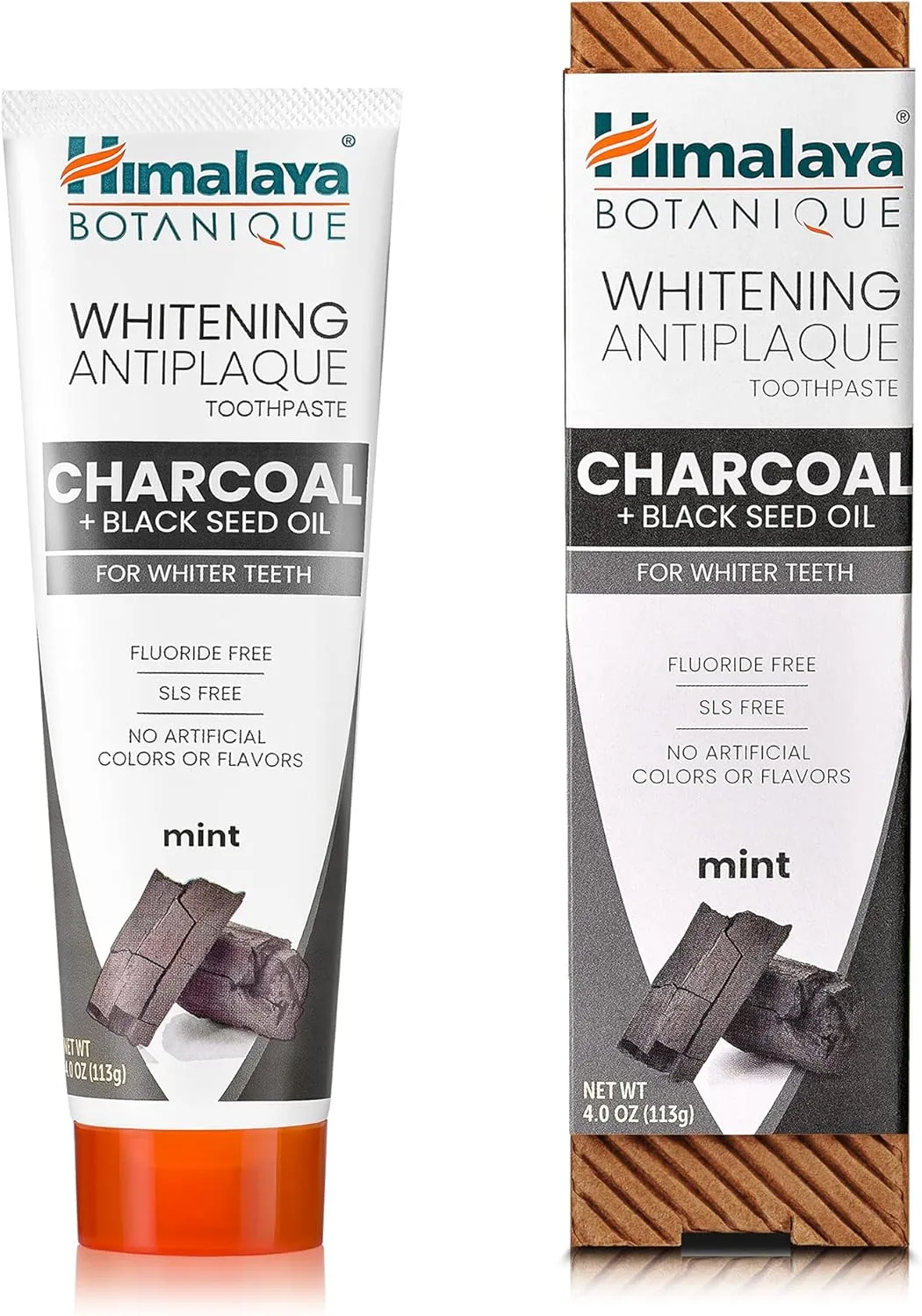 Himalaya Botanique Whitening Antiplaque Toothpaste with Charcoal   Black Seed Oil, Fluoride Free, for Whiter Teeth, 4 oz, 4 Pack